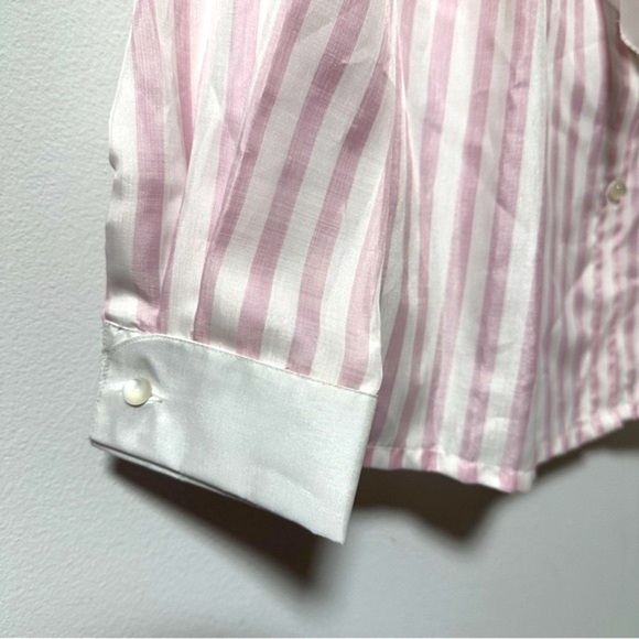💙 Vintage Savant Pink White Striped Tie Neck Secretary Blouse Size Large Retro - Picture 7 of 16